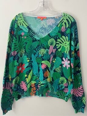 Vilagallo 100% Cotton Tropical Lightweight Floral Panther Sweater Top Small